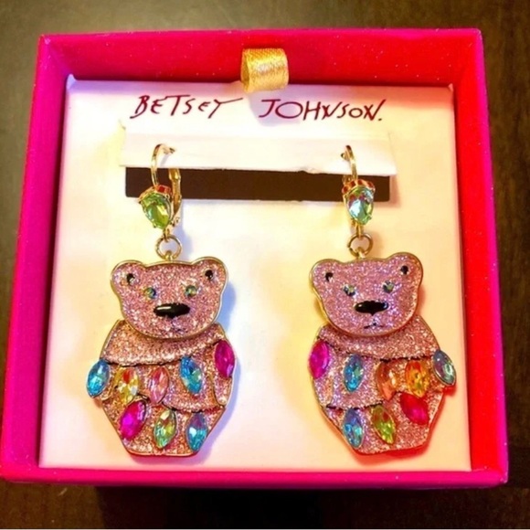 Betsey Johnson Jewelry - Betsey Johnson Pink Bear Wrapped in Holiday Rhinestone earrings